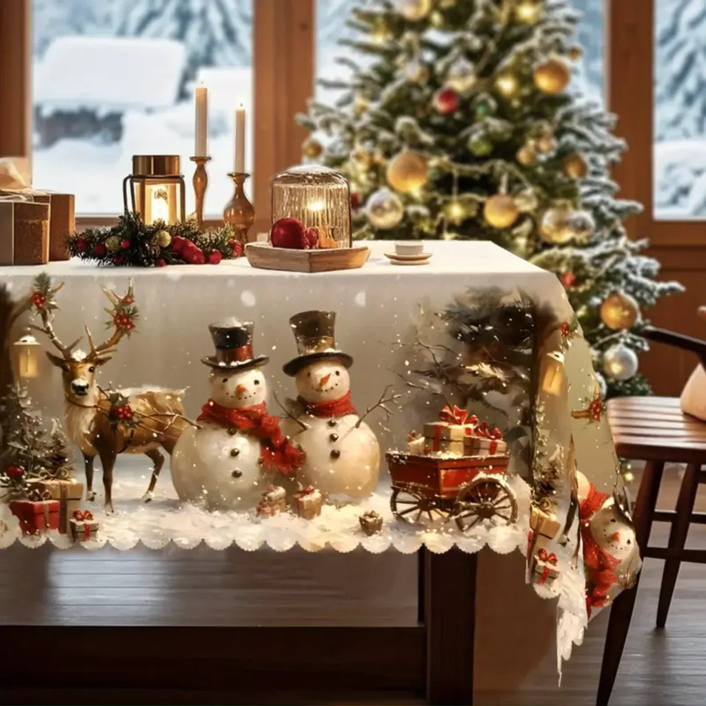 Christmas Tablecloth Rectangular Festive Snowman Reindeer Design with Scalloped Lace Hem - Image 5