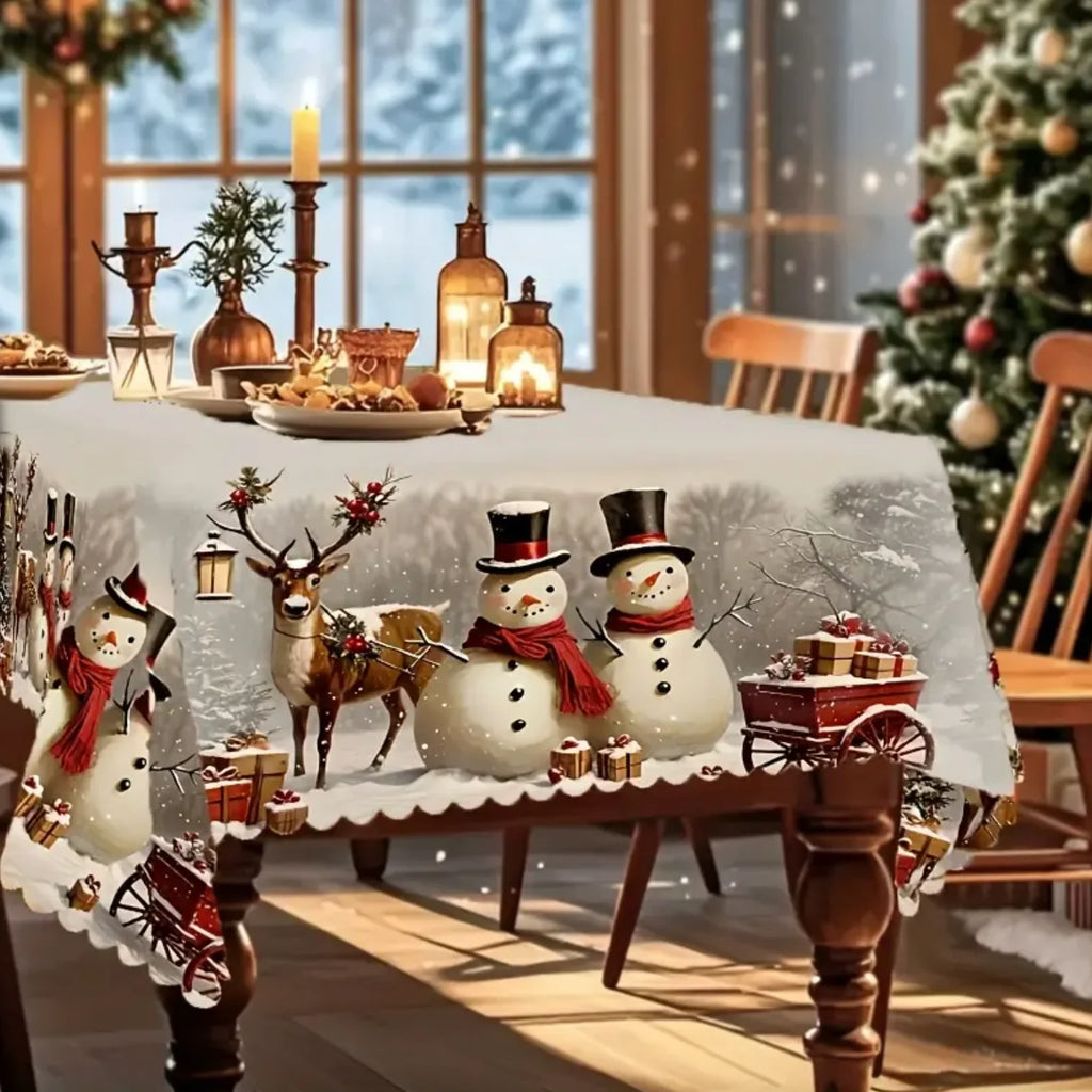 Christmas Tablecloth Rectangular Festive Snowman Reindeer Design with Scalloped Lace Hem - Image 6