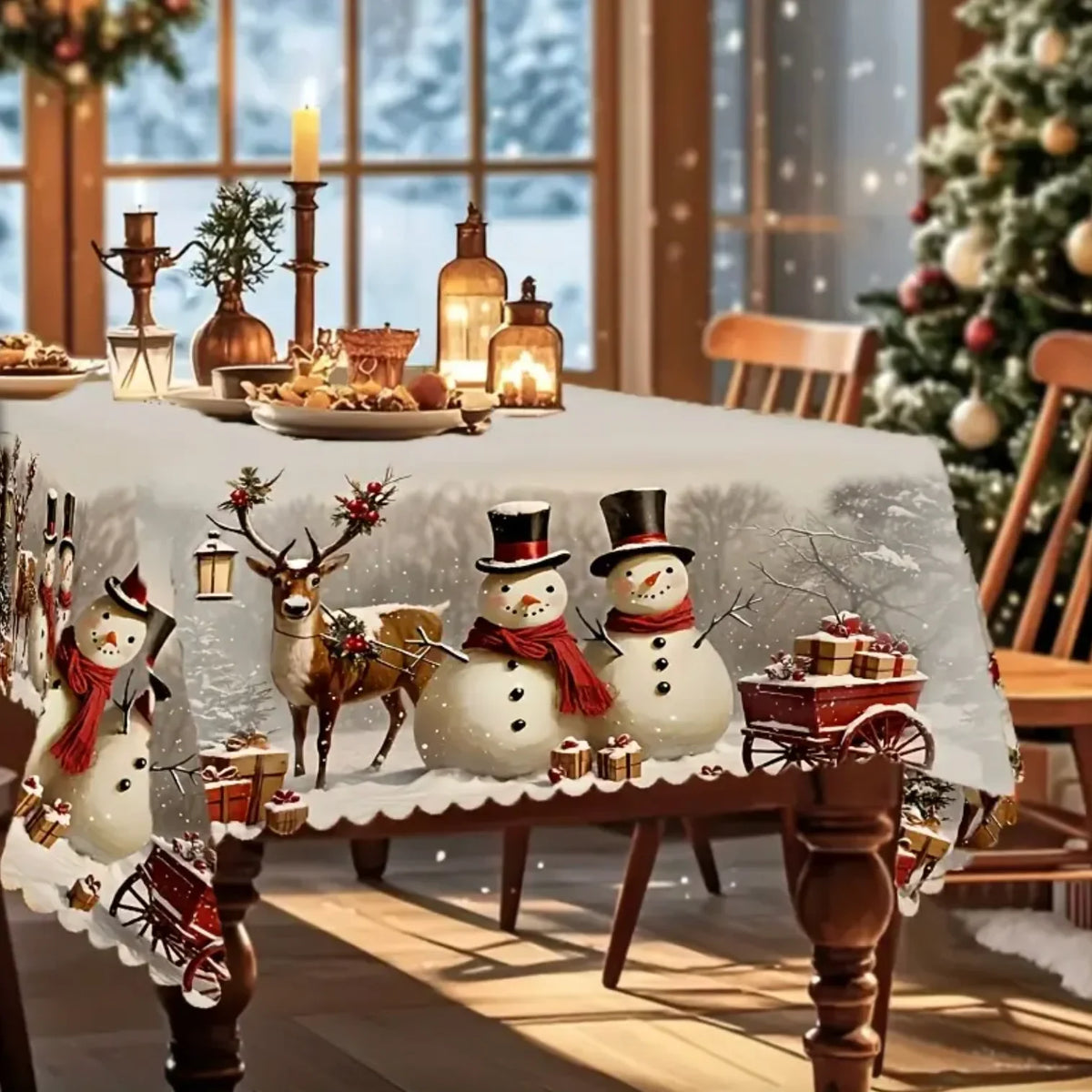 Christmas Tablecloth Rectangular Festive Snowman Reindeer Design with Scalloped Lace Hem - Image 6