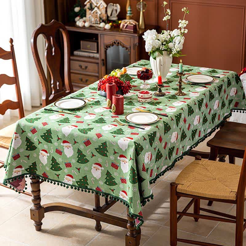 Christmas Tablecloth Rectangular Festive with Pom-Pom Trim and Santa Tree Gift Print - Image 1
