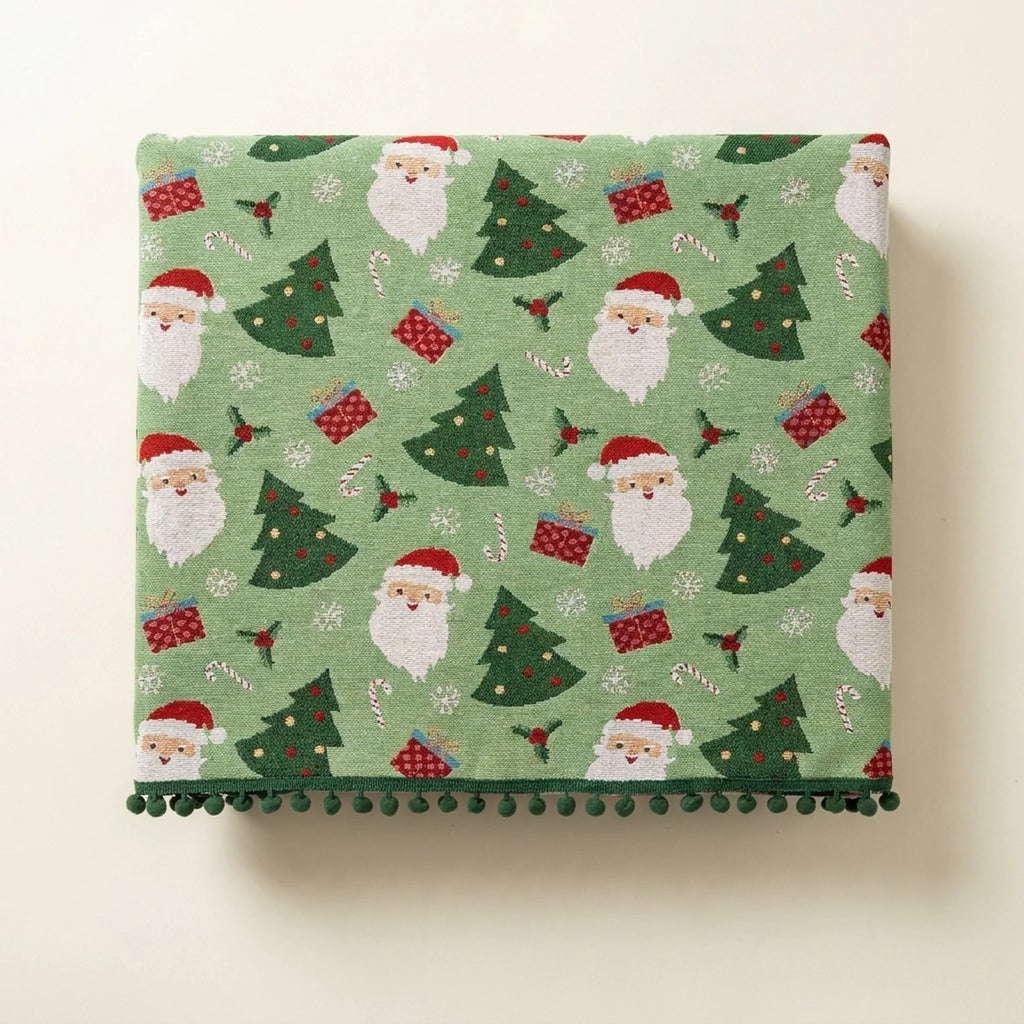 Christmas Tablecloth Rectangular Festive with Pom-Pom Trim and Santa Tree Gift Print - Image 2