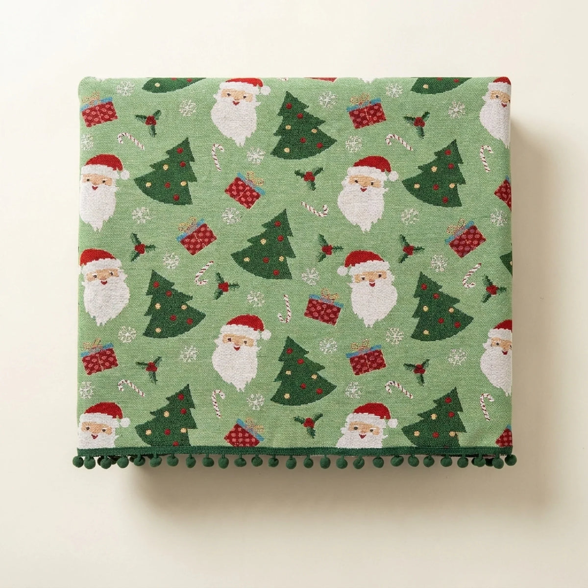 Christmas Tablecloth Rectangular Festive with Pom-Pom Trim and Santa Tree Gift Print - Image 2