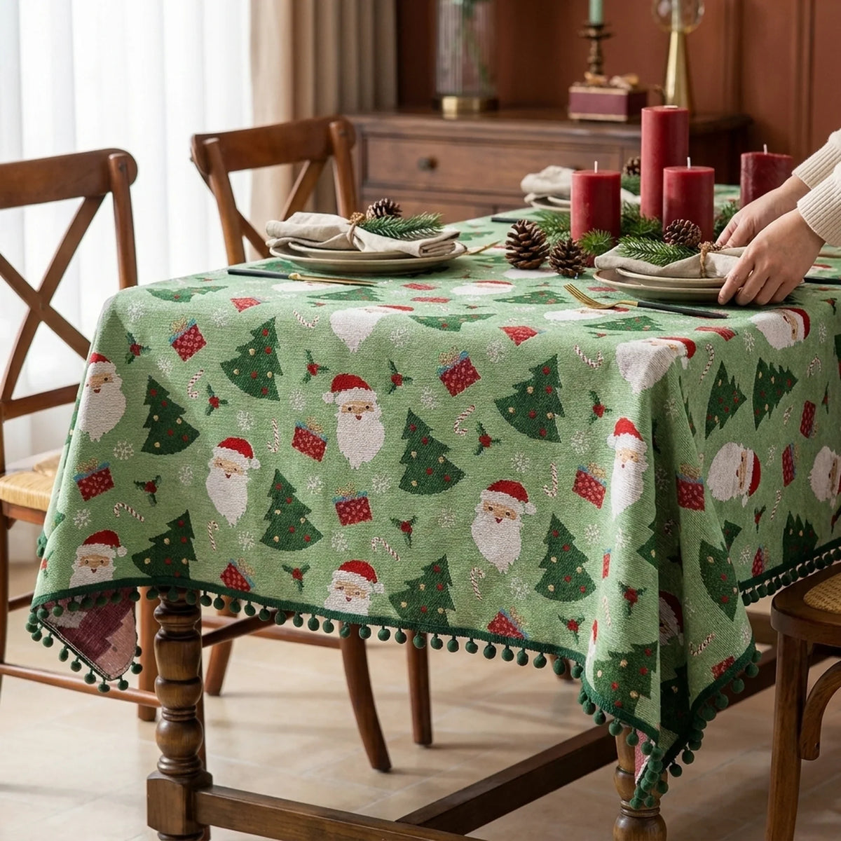 Christmas Tablecloth Rectangular Festive with Pom-Pom Trim and Santa Tree Gift Print - Image 3