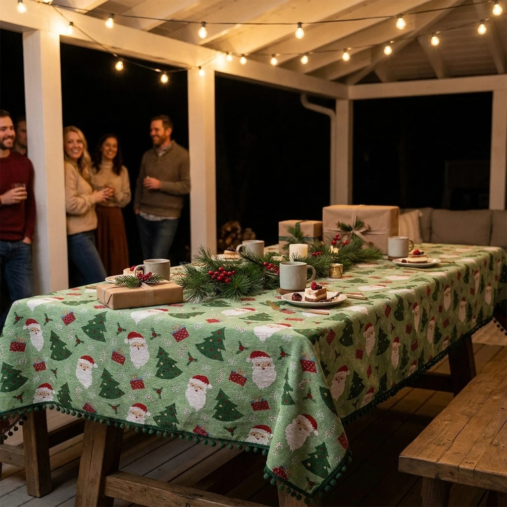 Christmas Tablecloth Rectangular Festive with Pom-Pom Trim and Santa Tree Gift Print - Image 4
