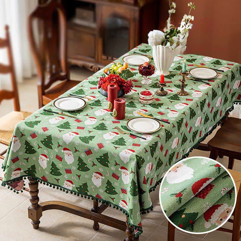 Christmas Tablecloth Rectangular Festive with Pom-Pom Trim and Santa Tree Gift Print - Image 5