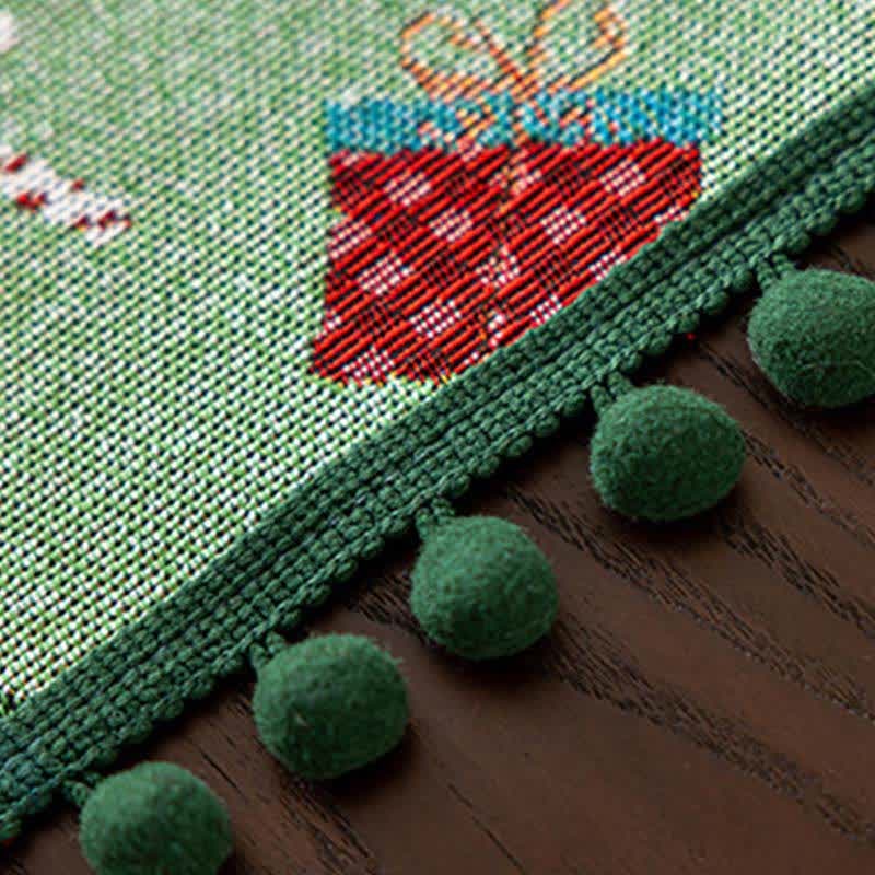 Christmas Tablecloth Rectangular Festive with Pom-Pom Trim and Santa Tree Gift Print - Image 6