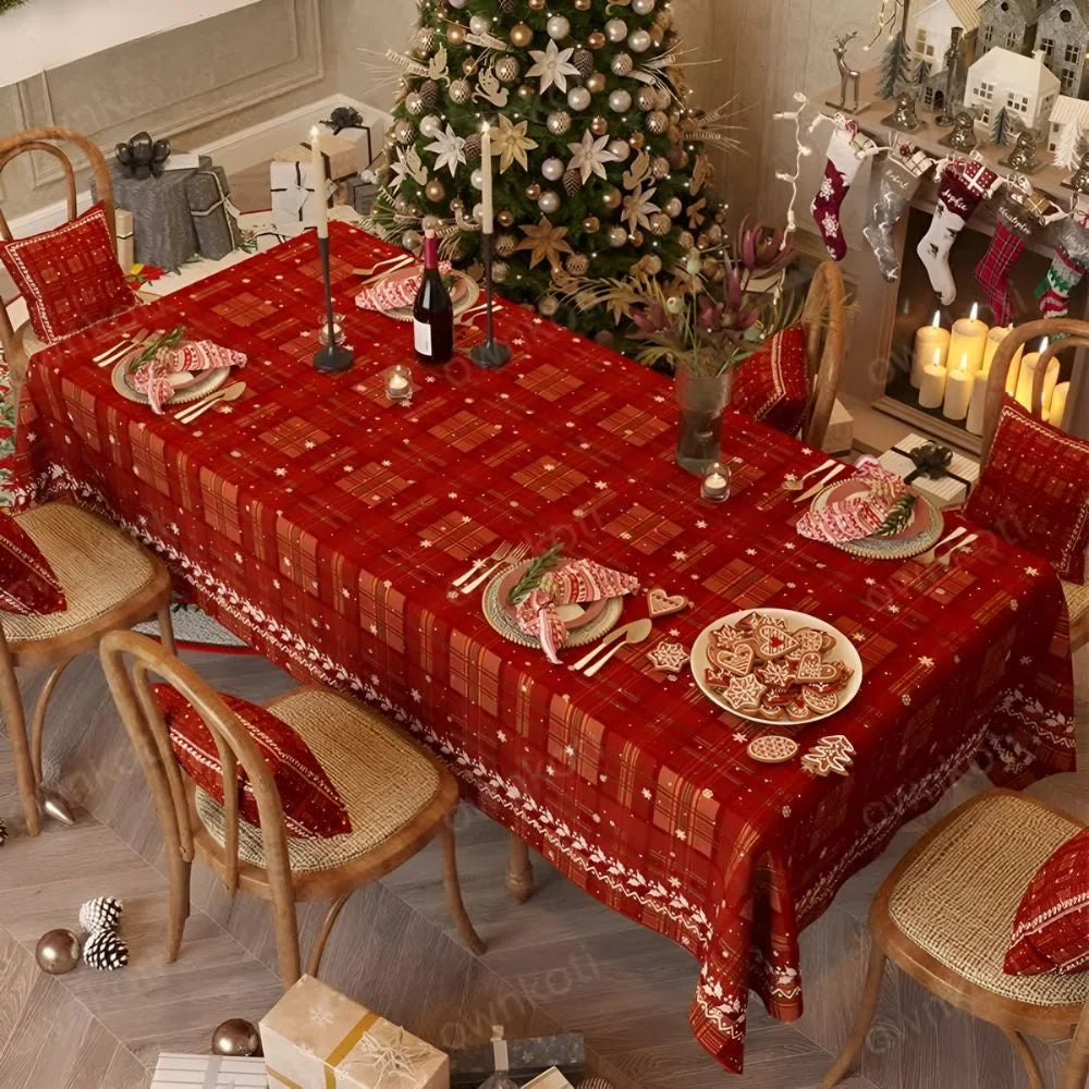 Christmas Tablecloth with Plaid Pattern and Chenille Fabric for Holiday Dining - Image 1
