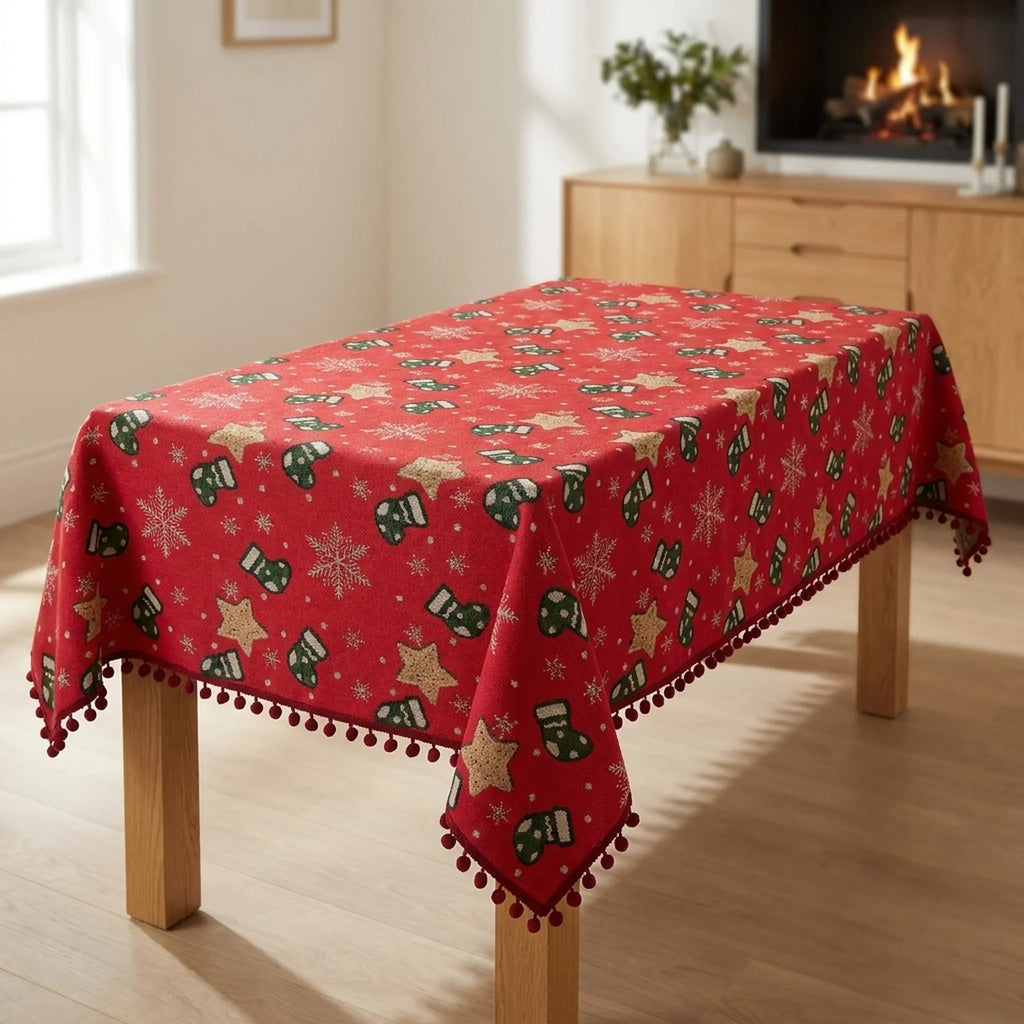 Christmas Tablecloth with Pom-Pom Fringe Snowflake and Stocking Pattern for Festive Table Decor - Image 1