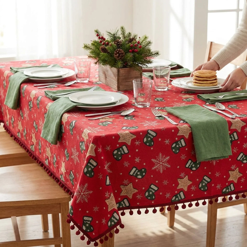 Christmas Tablecloth with Pom-Pom Fringe Snowflake and Stocking Pattern for Festive Table Decor - Image 2