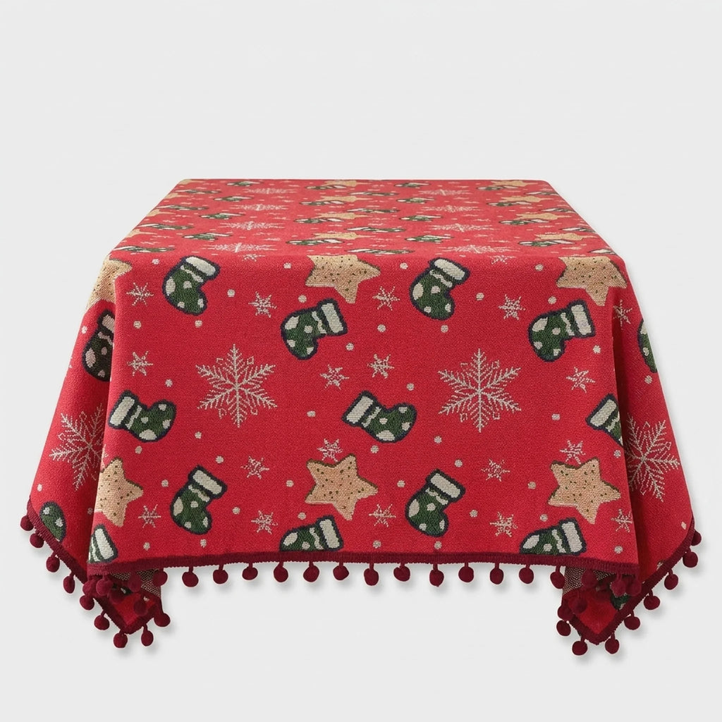 Christmas Tablecloth with Pom-Pom Fringe Snowflake and Stocking Pattern for Festive Table Decor - Image 3