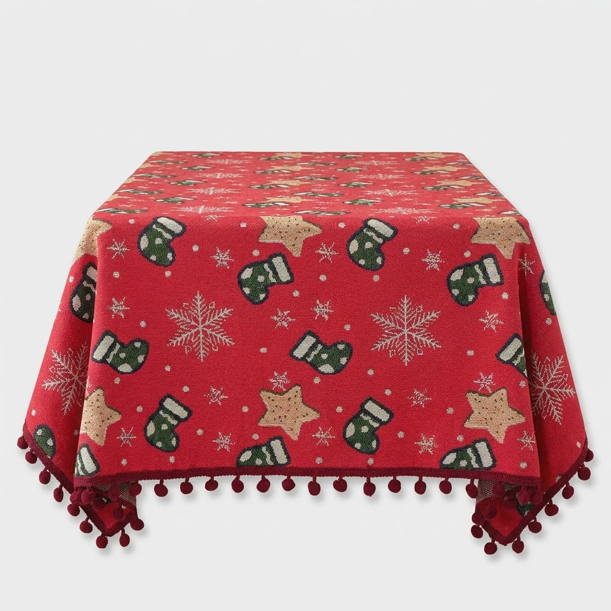 Christmas Tablecloth with Pom-Pom Fringe Snowflake and Stocking Pattern for Festive Table Decor - Image 3
