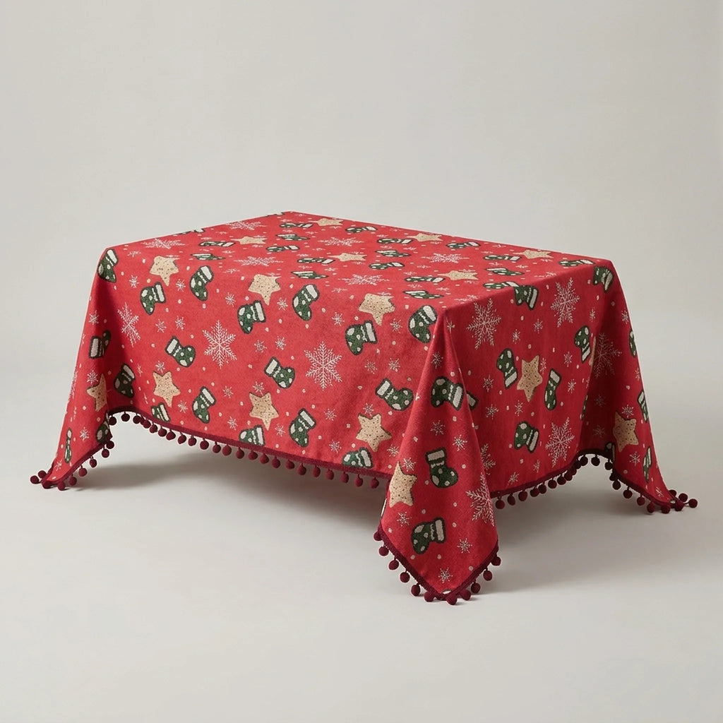 Christmas Tablecloth with Pom-Pom Fringe Snowflake and Stocking Pattern for Festive Table Decor - Image 4