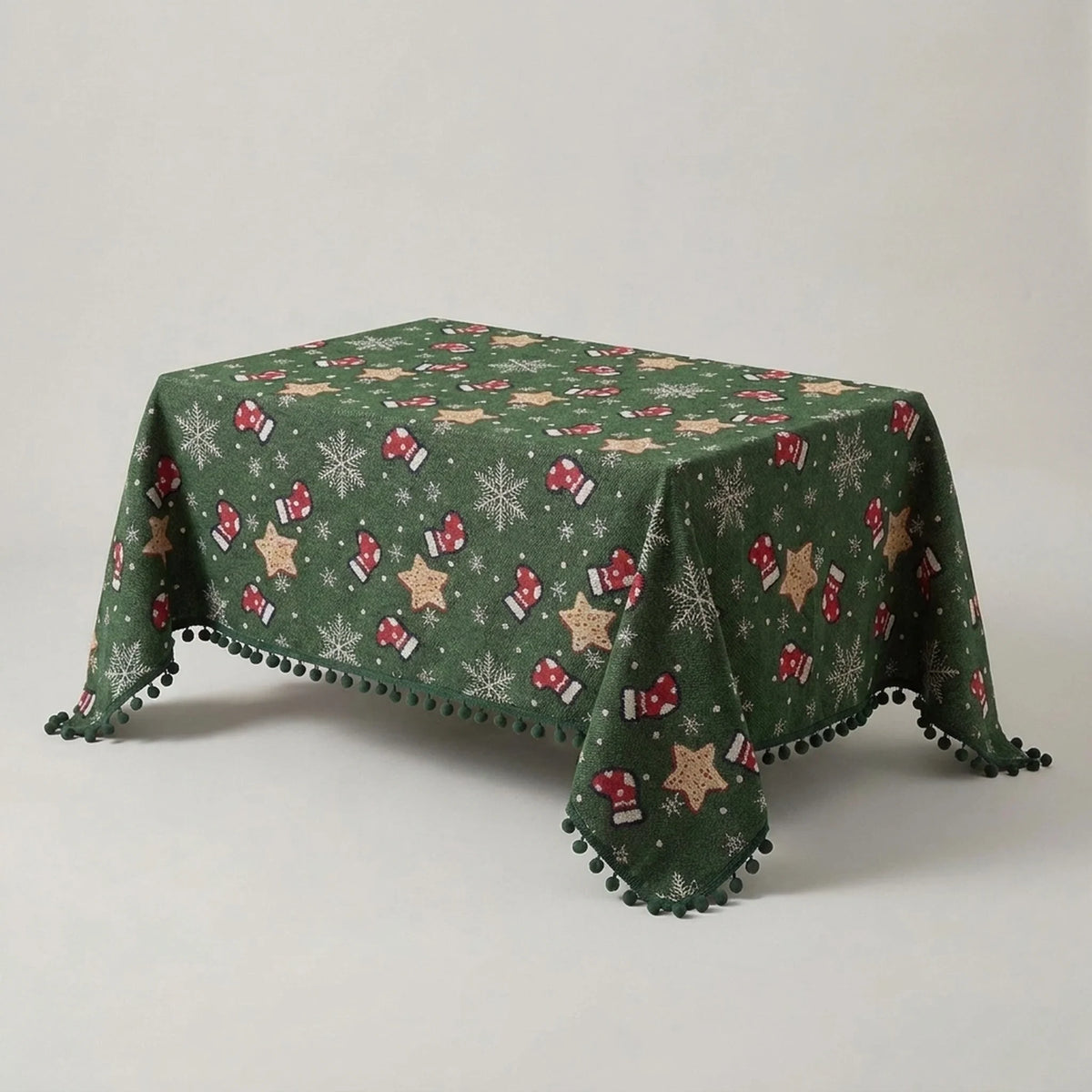 Christmas Tablecloth with Pom-Pom Fringe Snowflake and Stocking Pattern for Festive Table Decor - Image 5