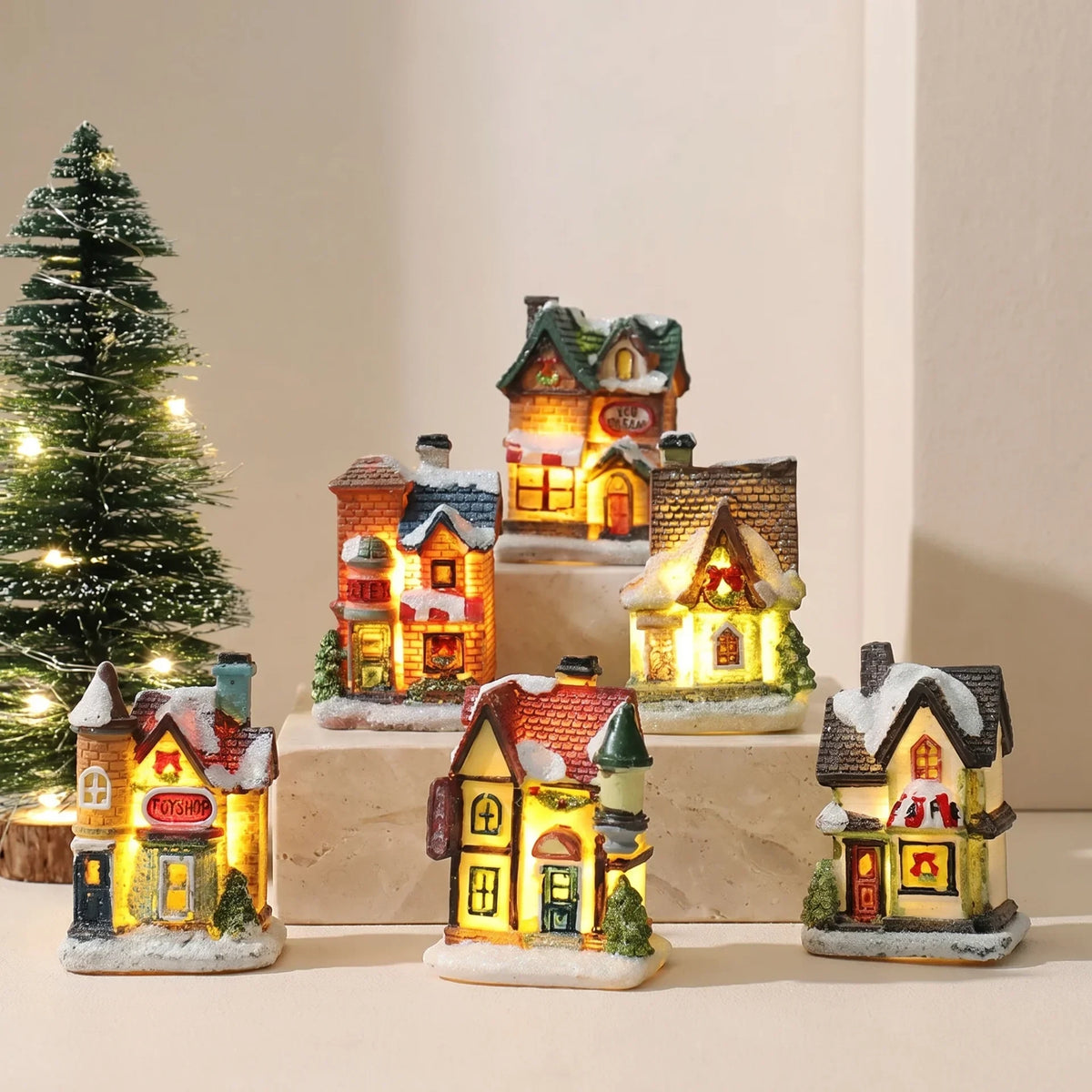 Christmas Village Set with LED Lights 6 Hand-Painted Miniature Houses and Snow Details - Image 1