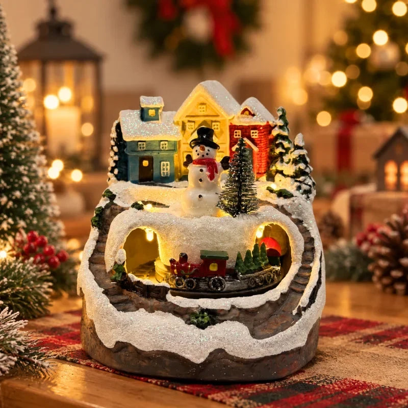 Christmas Village Set with LED Lights and Rotating Miniature Train Display - Image 10