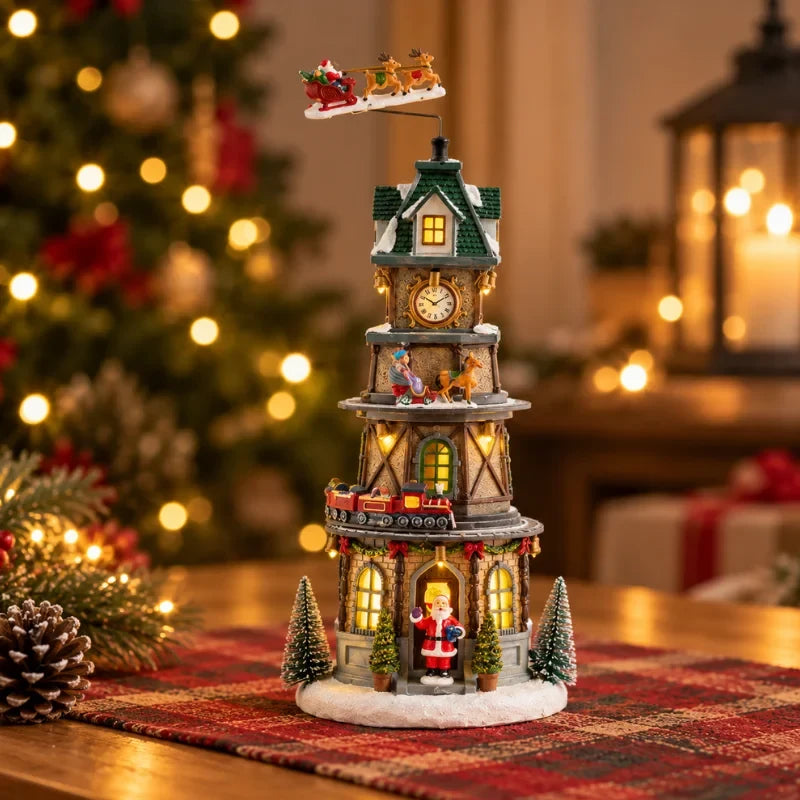 Christmas Village Set with LED Lights and Rotating Miniature Train Display - Image 11