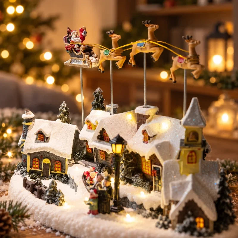 Christmas Village Set with LED Lights and Rotating Miniature Train Display - Image 12