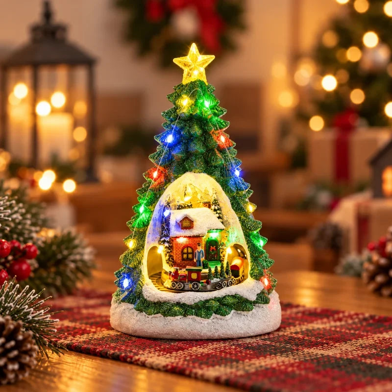 Christmas Village Set with LED Lights and Rotating Miniature Train Display - Image 16