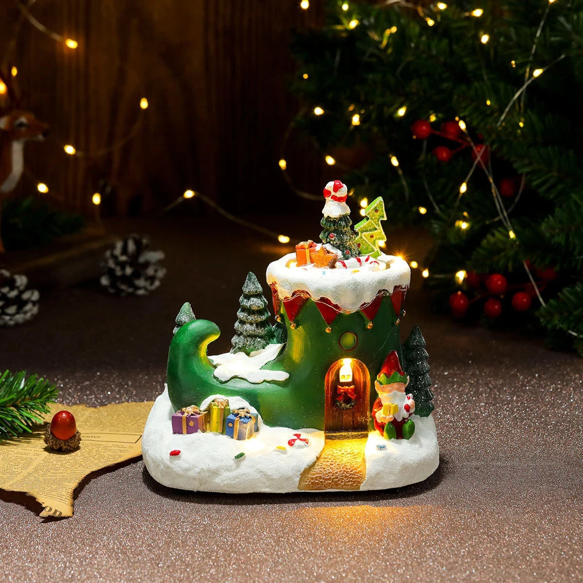 Christmas Village Set with LED Lights and Rotating Miniature Train Display - Image 18