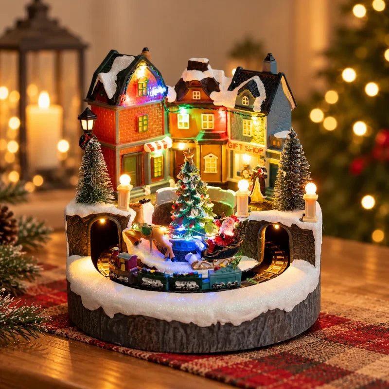 Christmas Village Set with LED Lights and Rotating Miniature Train Display - Image 2