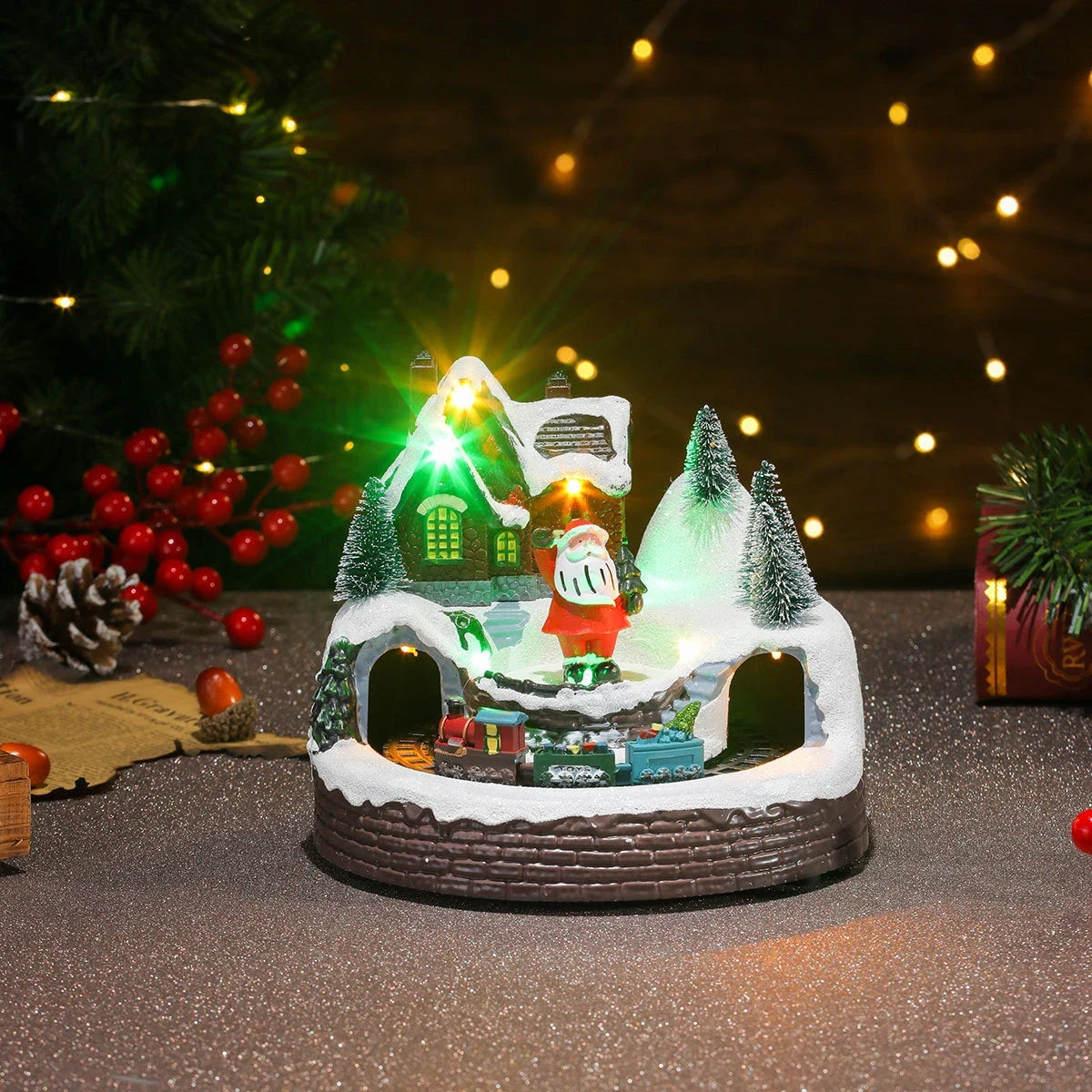 Christmas Village Set with LED Lights and Rotating Miniature Train Display - Image 26