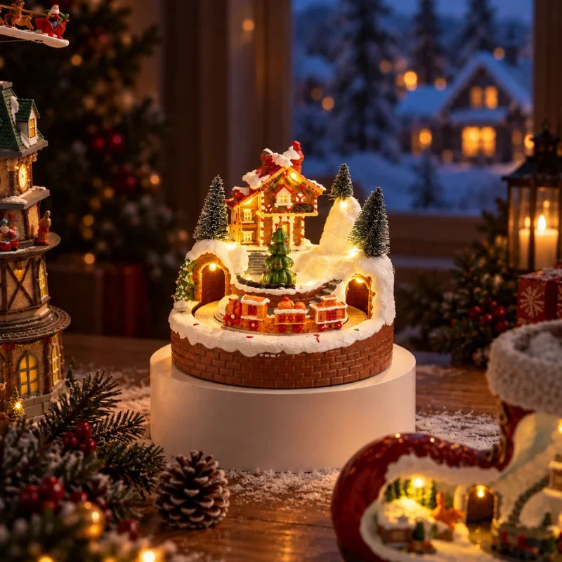Christmas Village Set with LED Lights and Rotating Miniature Train Display - Image 3