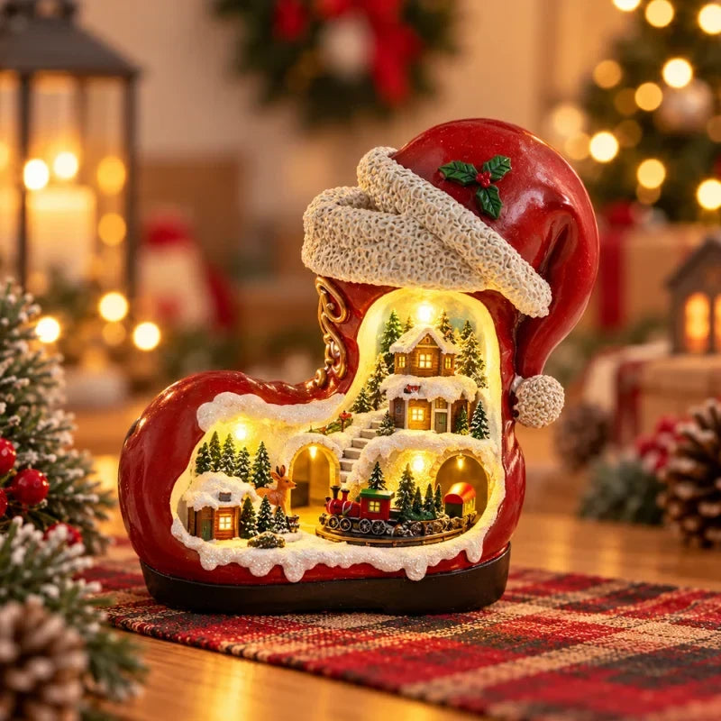 Christmas Village Set with LED Lights and Rotating Miniature Train Display - Image 4