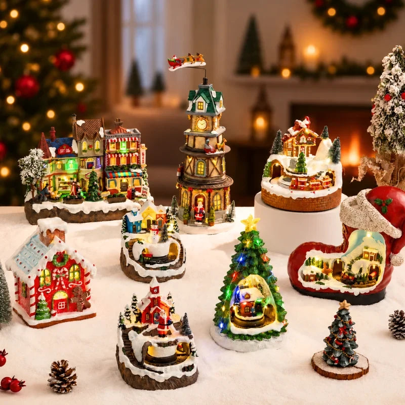 Christmas Village Set with LED Lights and Rotating Miniature Train Display - Image 5