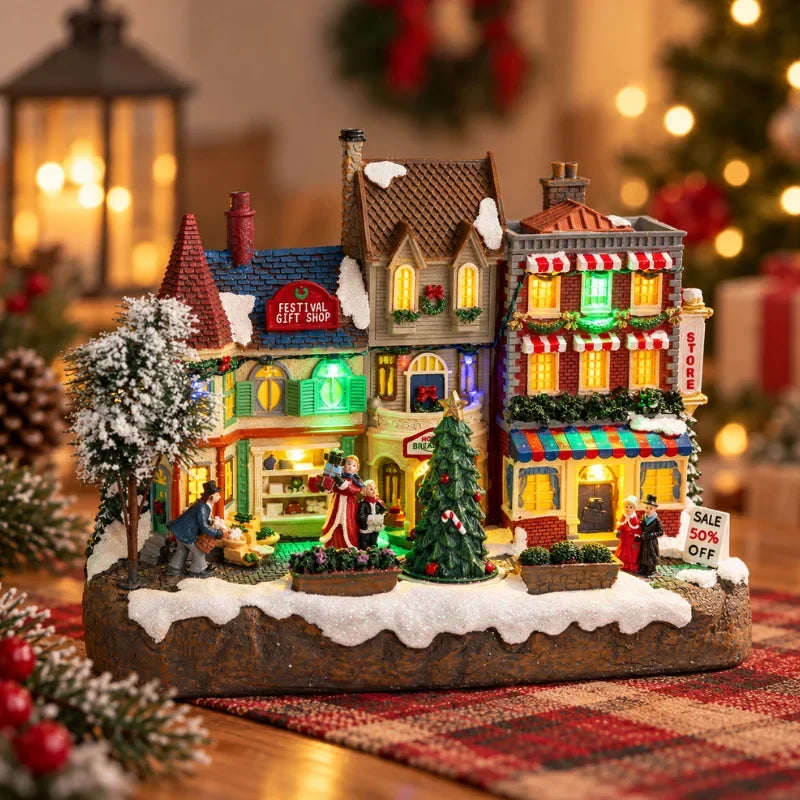 Christmas Village Set with LED Lights and Rotating Miniature Train Display - Image 7