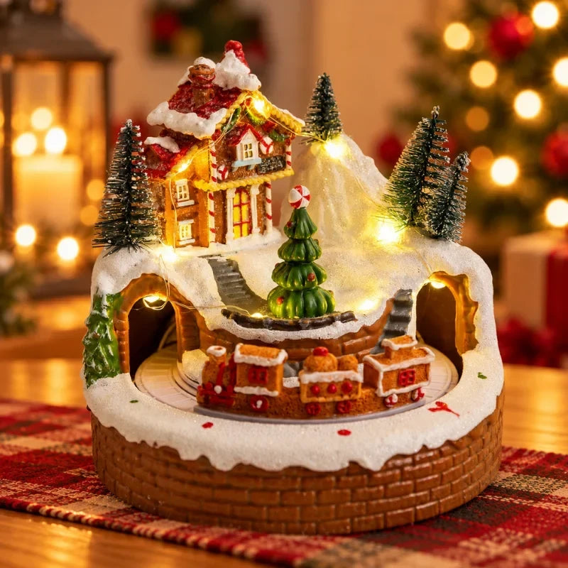 Christmas Village Set with LED Lights and Rotating Miniature Train Display - Image 9