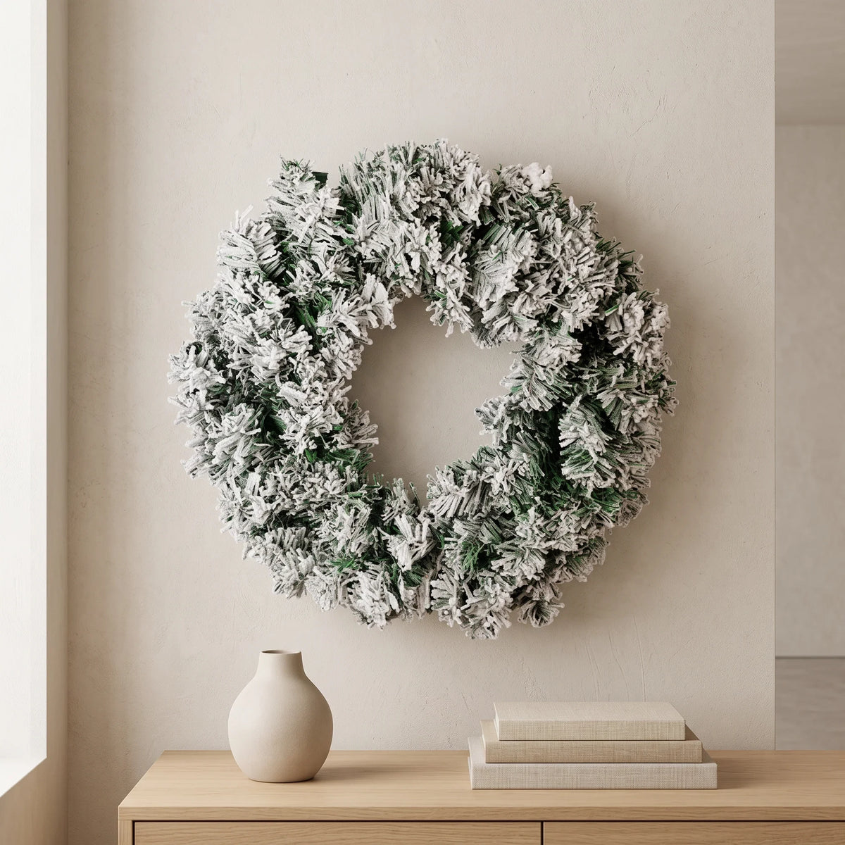 Christmas Wreath with Flocked Pine Needles and Snowflake Design for Door Hanging - Image 1