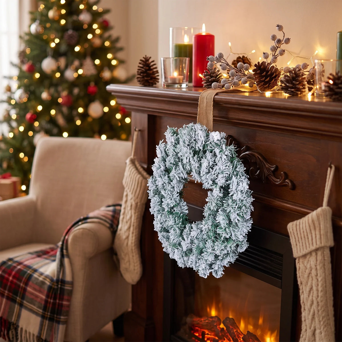 Christmas Wreath with Flocked Pine Needles and Snowflake Design for Door Hanging - Image 3