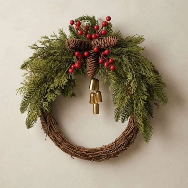 Christmas Wreath with Golden Bells Pinecones and Artificial Evergreen on Grapevine Base - Image 1