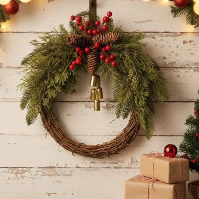 Christmas Wreath with Golden Bells Pinecones and Artificial Evergreen on Grapevine Base - Image 2