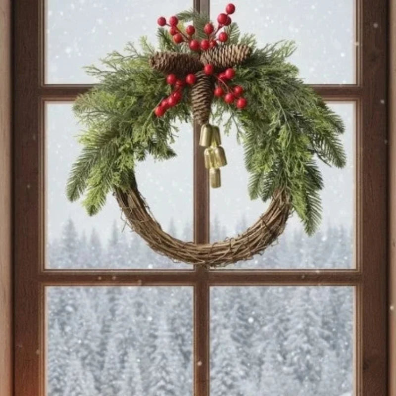 Christmas Wreath with Golden Bells Pinecones and Artificial Evergreen on Grapevine Base - Image 4