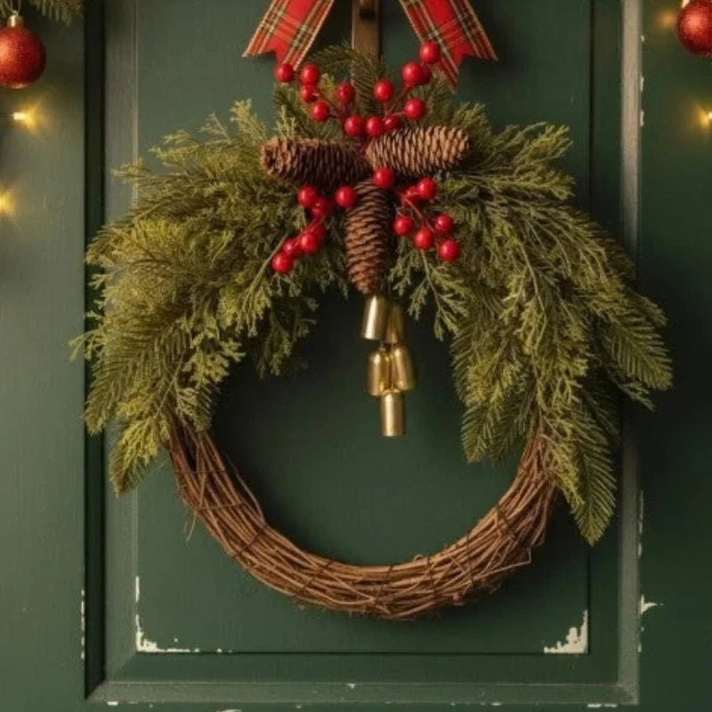 Christmas Wreath with Golden Bells Pinecones and Artificial Evergreen on Grapevine Base - Image 5