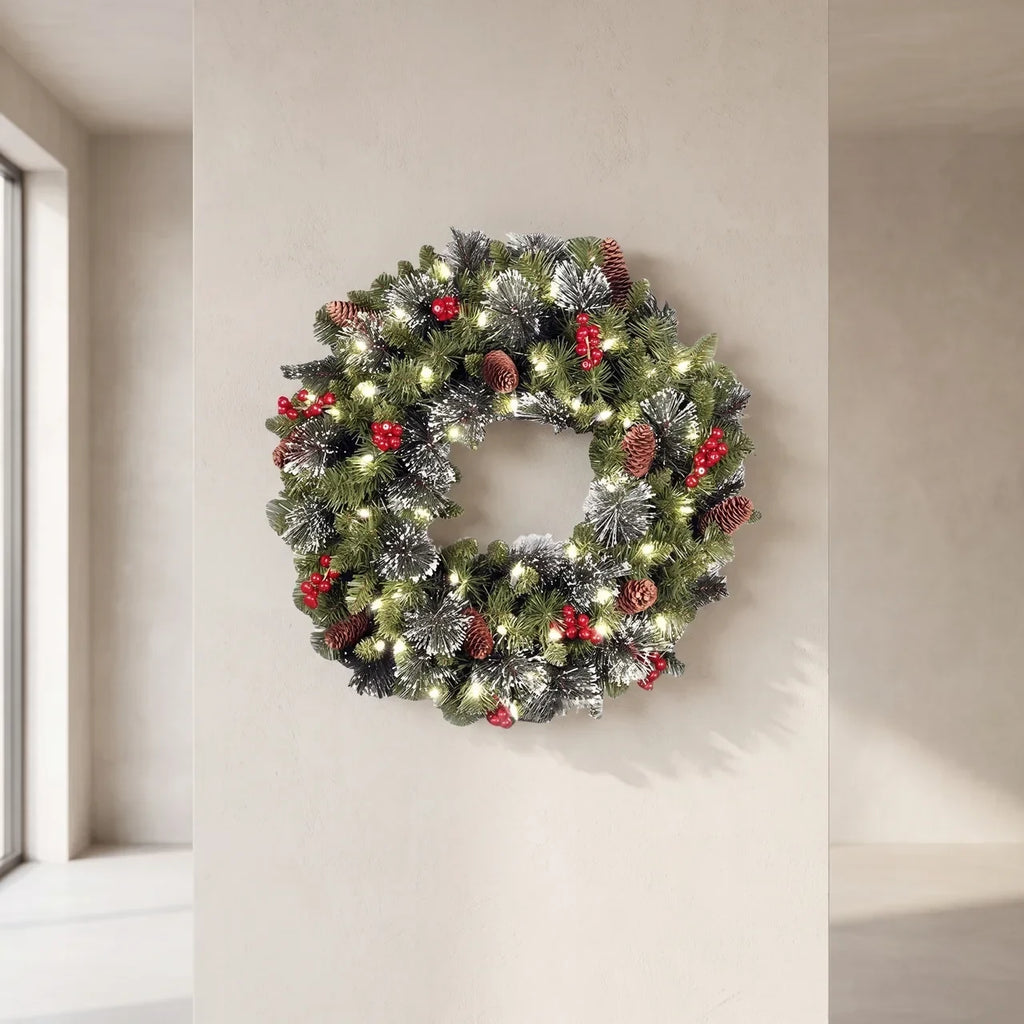 Christmas Wreath with Integrated LED Lights Artificial Pine Foliage Red Berries and Cones - Image 1