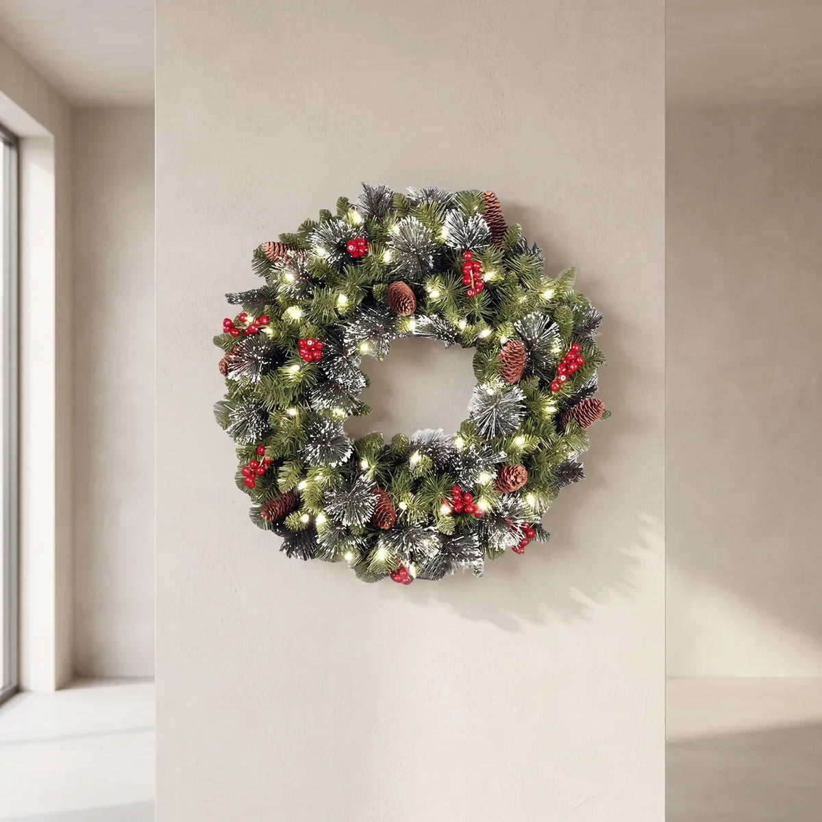 Christmas Wreath with Integrated LED Lights Artificial Pine Foliage Red Berries and Cones - Image 1