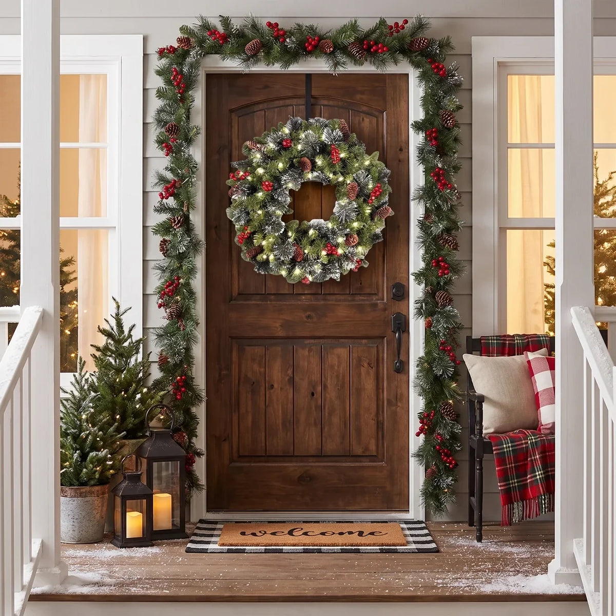 Christmas Wreath with Integrated LED Lights Artificial Pine Foliage Red Berries and Cones - Image 2