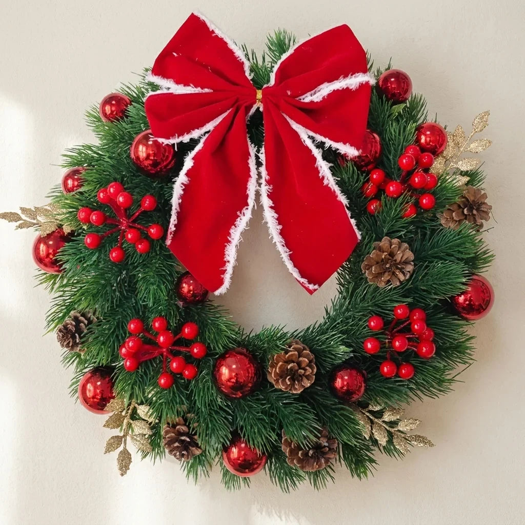 Christmas Wreath with Red Velvet Bow Ornaments and Fairy Lights 30cm Holiday Door or Wall Hanging - Image 1