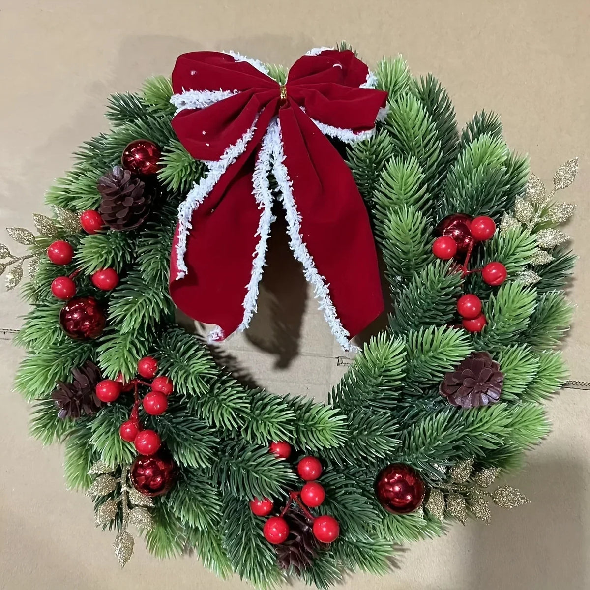 Christmas Wreath with Red Velvet Bow Ornaments and Fairy Lights 30cm Holiday Door or Wall Hanging - Image 2