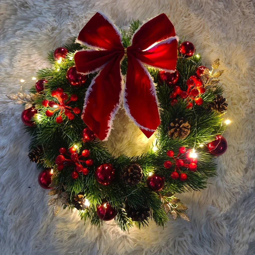 Christmas Wreath with Red Velvet Bow Ornaments and Fairy Lights 30cm Holiday Door or Wall Hanging - Image 3