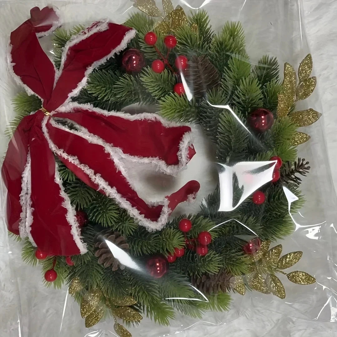 Christmas Wreath with Red Velvet Bow Ornaments and Fairy Lights 30cm Holiday Door or Wall Hanging - Image 5