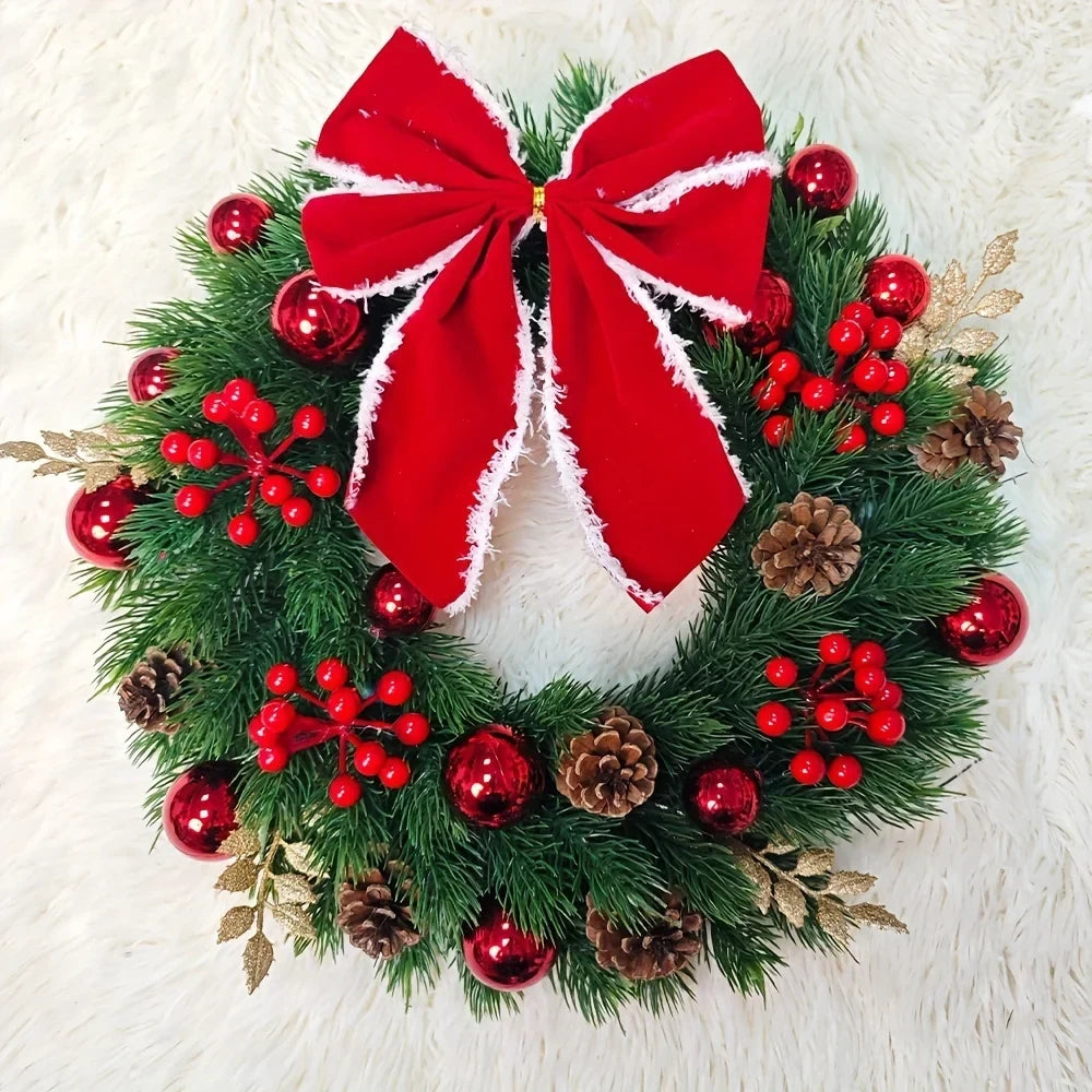 Christmas Wreath with Red Velvet Bow Ornaments and Fairy Lights 30cm Holiday Door or Wall Hanging - Image 7