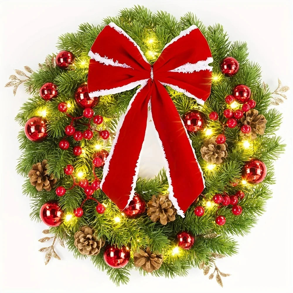 Christmas Wreath with Red Velvet Bow Ornaments and Fairy Lights 30cm Holiday Door or Wall Hanging - Image 8