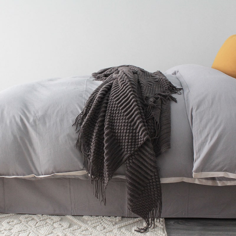 Chunky Knit Throw Blanket with Popcorn Texture and Fringed Edges for Sofa Electric - Image 1