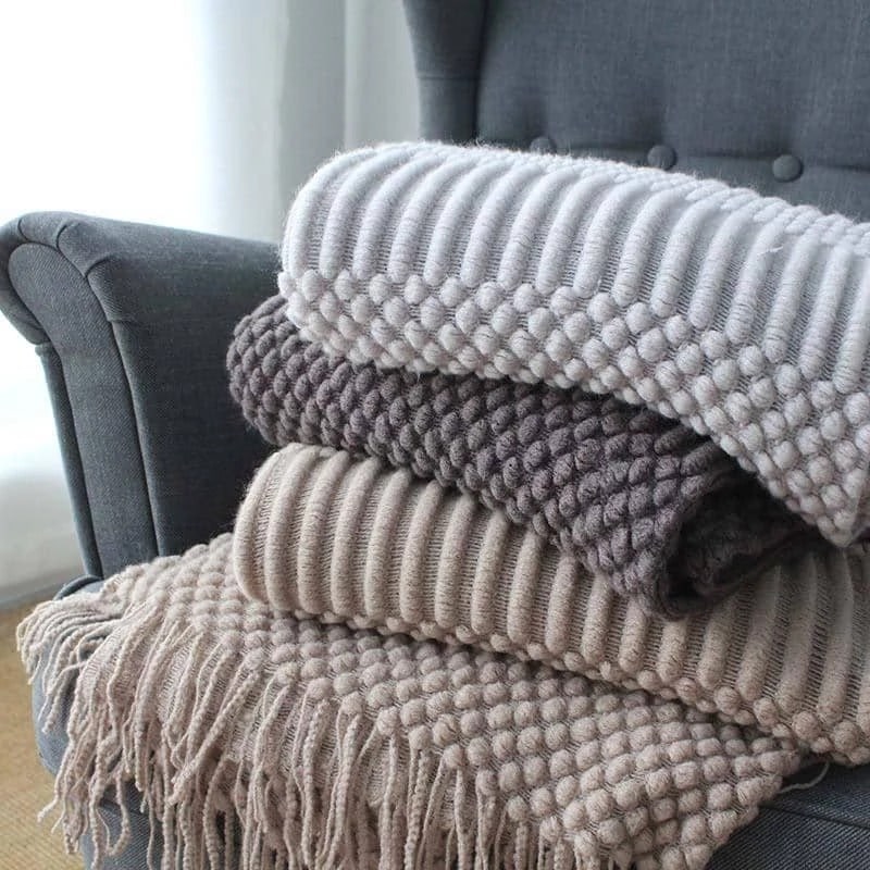 Chunky Knit Throw Blanket with Popcorn Texture and Fringed Edges for Sofa Electric - Image 2