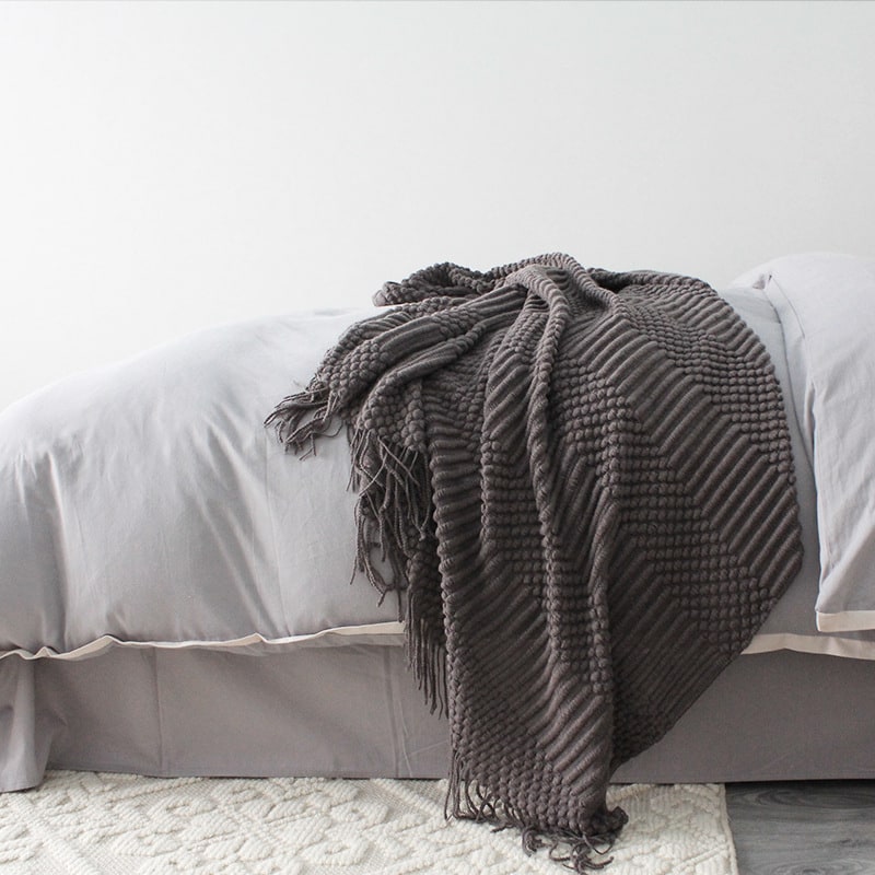 Chunky Knit Throw Blanket with Popcorn Texture and Fringed Edges for Sofa Electric - Image 3