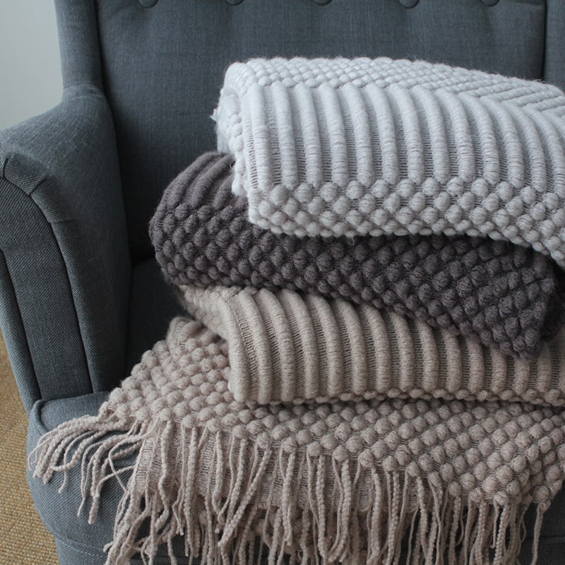 Chunky Knit Throw Blanket with Popcorn Texture and Fringed Edges for Sofa Electric - Image 5