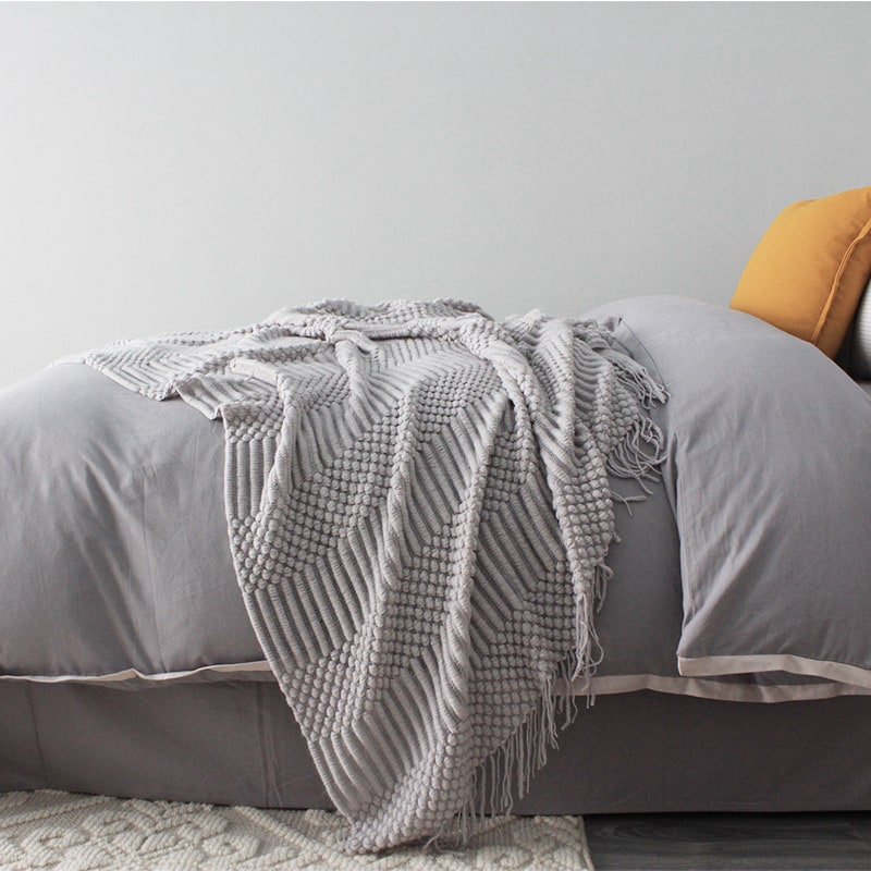 Chunky Knit Throw Blanket with Popcorn Texture and Fringed Edges for Sofa Electric - Image 6